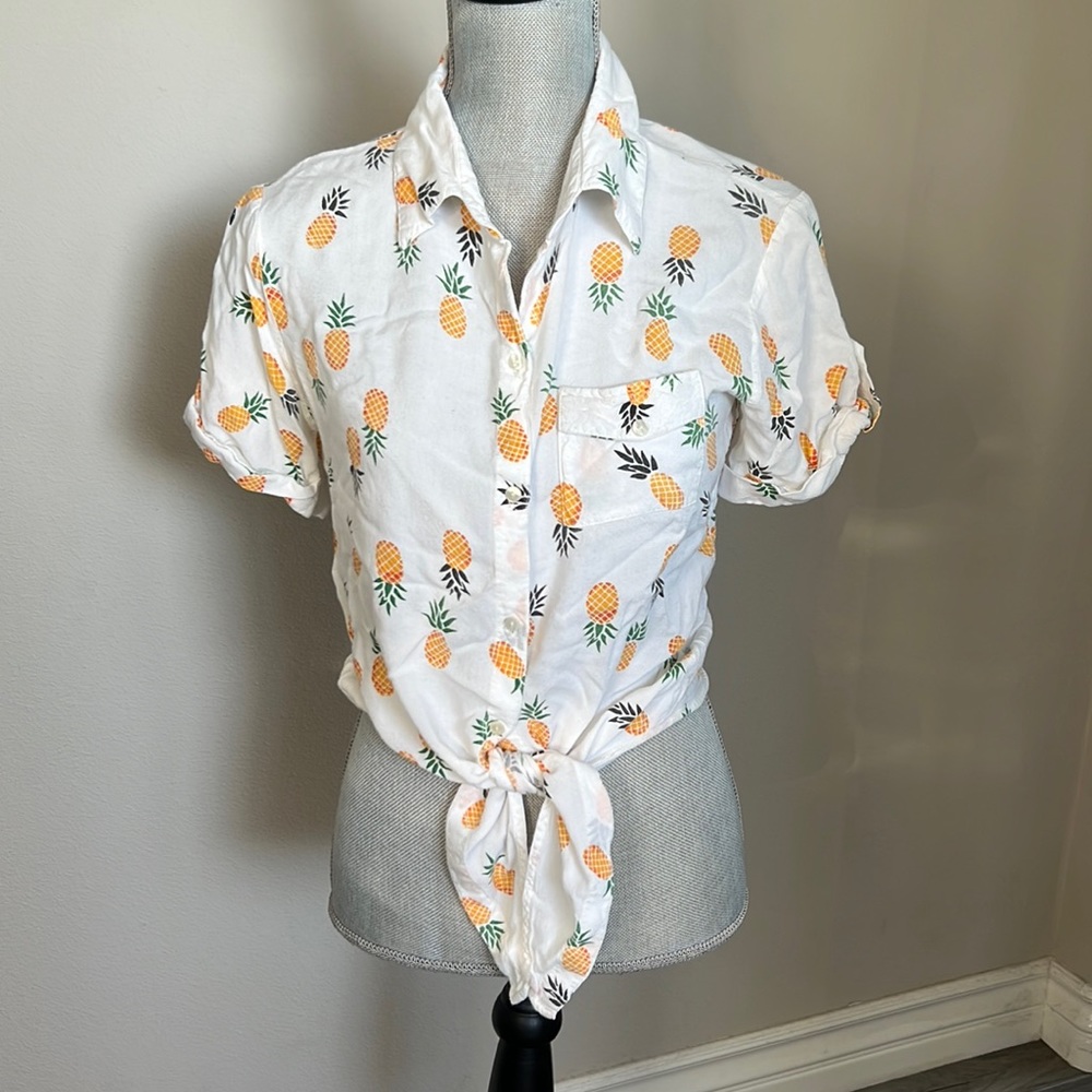 Japna white pineapple print button down shirt with tie in the front